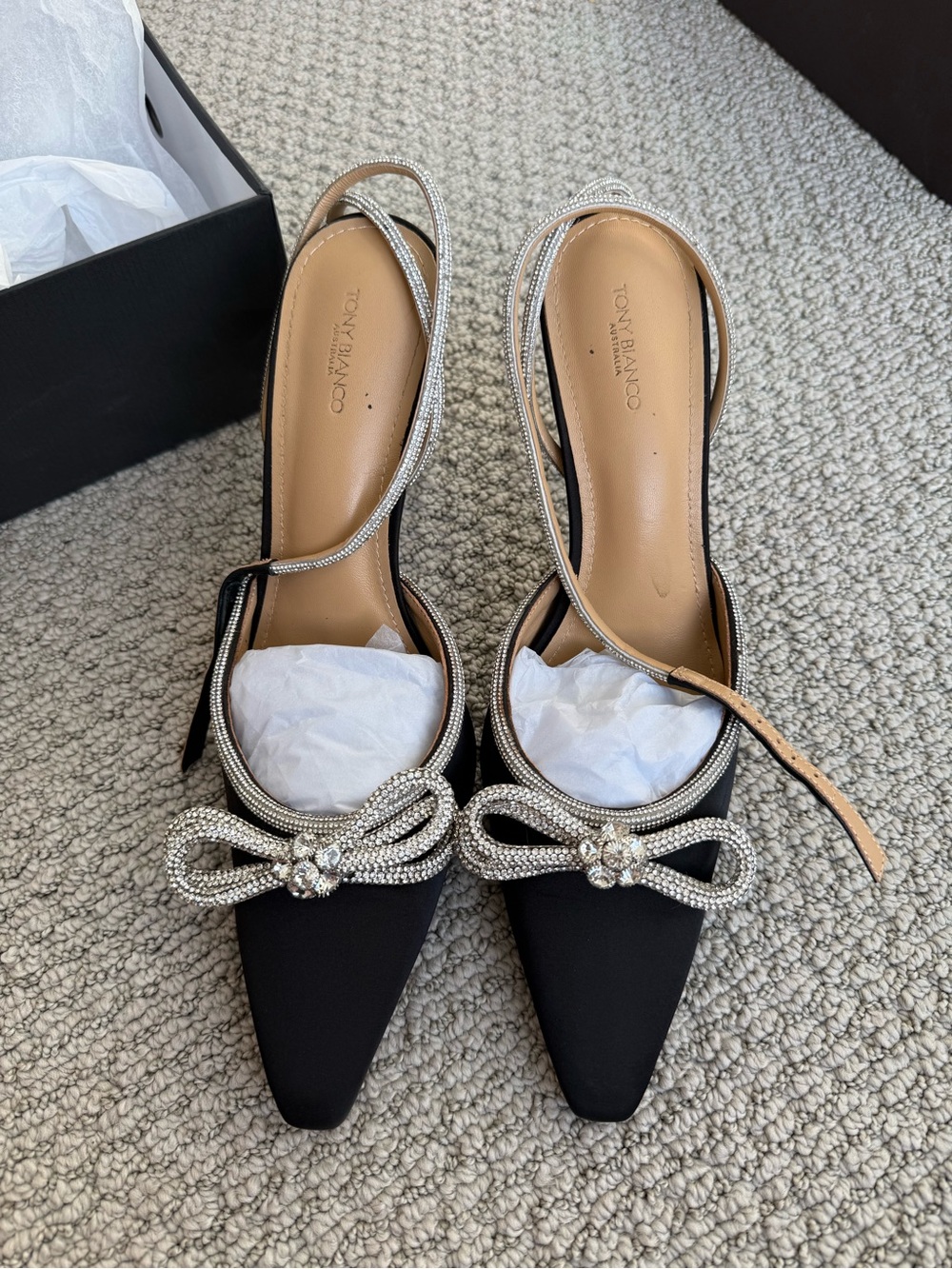 Tony Bianco Black Pointed Slingback Pumps with Crystal Bow